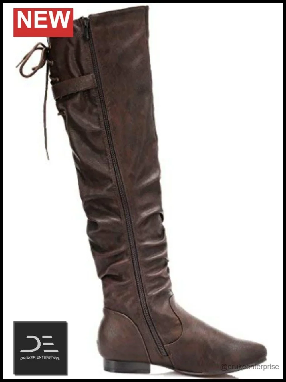 Over the Knee Slouch Thigh Boots, Faux Leather, Flat Heel, Side Zip